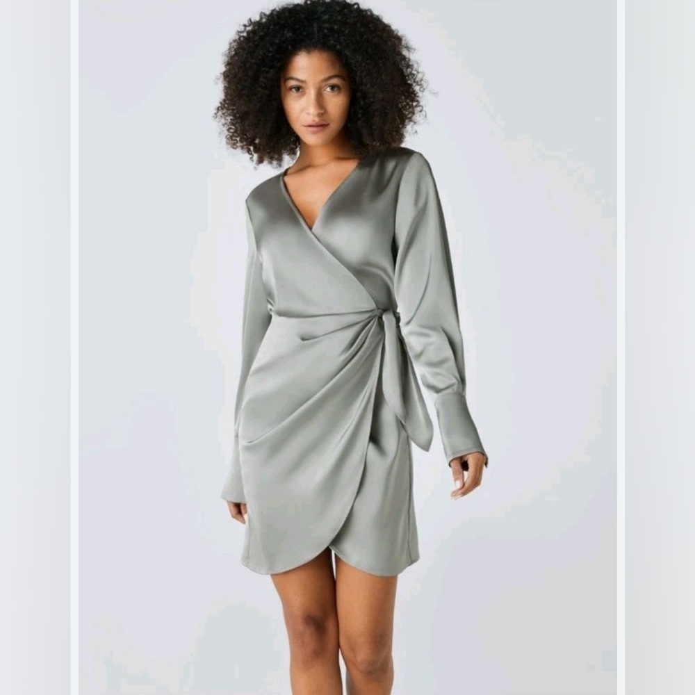 Gray Satin HALARA Long Sleeve Wrap Mini Dress. NWT. Size M.